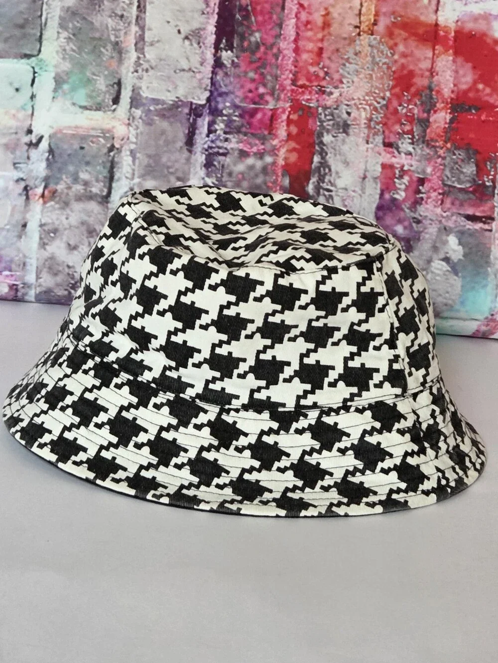 Ed Hardy Black & White Houndstooth Bucket Hat with Skull Patch